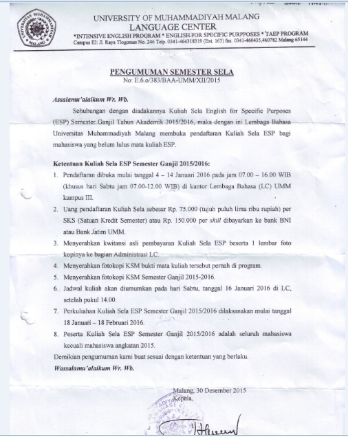 Pengumuman Semester Sela ESPPengumuman Semester Sela ESPPengumuman Semester Sela ESP