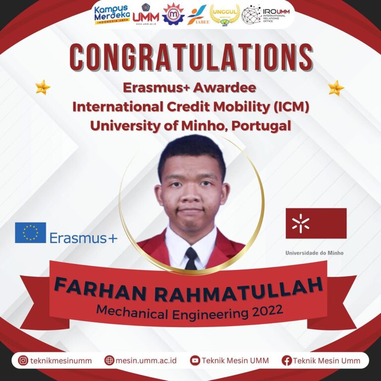 Selamat kepada Farhan Rahmatullah, Penerima Beasiswa International Credit Mobility (ICM) KA 171 Project di University of Minho, Portugal!