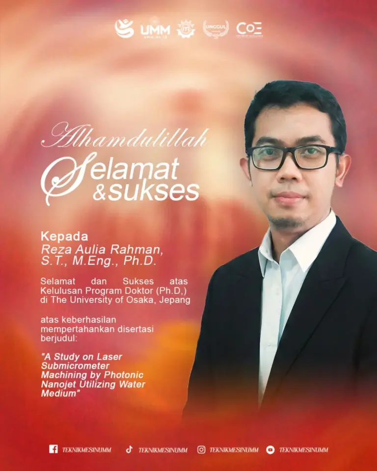 Selamat dan Sukses kepada Dr. Reza Aulia Rahman, S.T., M.Eng., Ph.D. atas Kelulusan Program Doktor di The University of Osaka, Jepang!