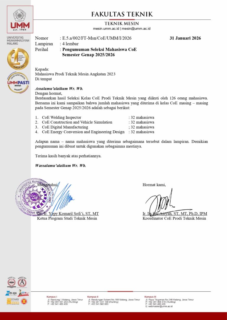 RESMI: Hasil Seleksi Mahasiswa Kelas Profesional CoE Teknik Mesin UMM Semester Genap 2025/2026