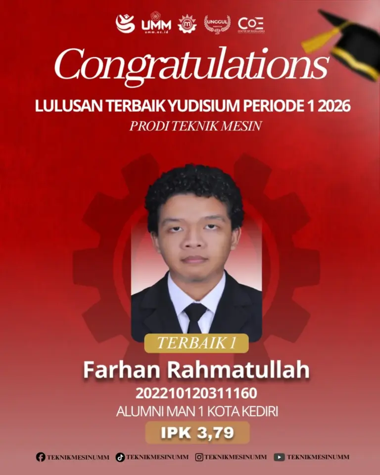 Cetak Generasi Unggul, Prodi Teknik Mesin UMM Umumkan Lulusan Terbaik Yudisium Periode I 2026